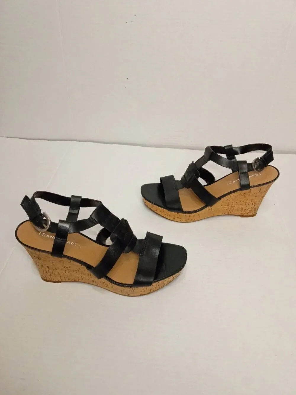 Franco Sarto Cera Black Leather Strappy Cork Wedge Sandals Size Women's 9.5 M